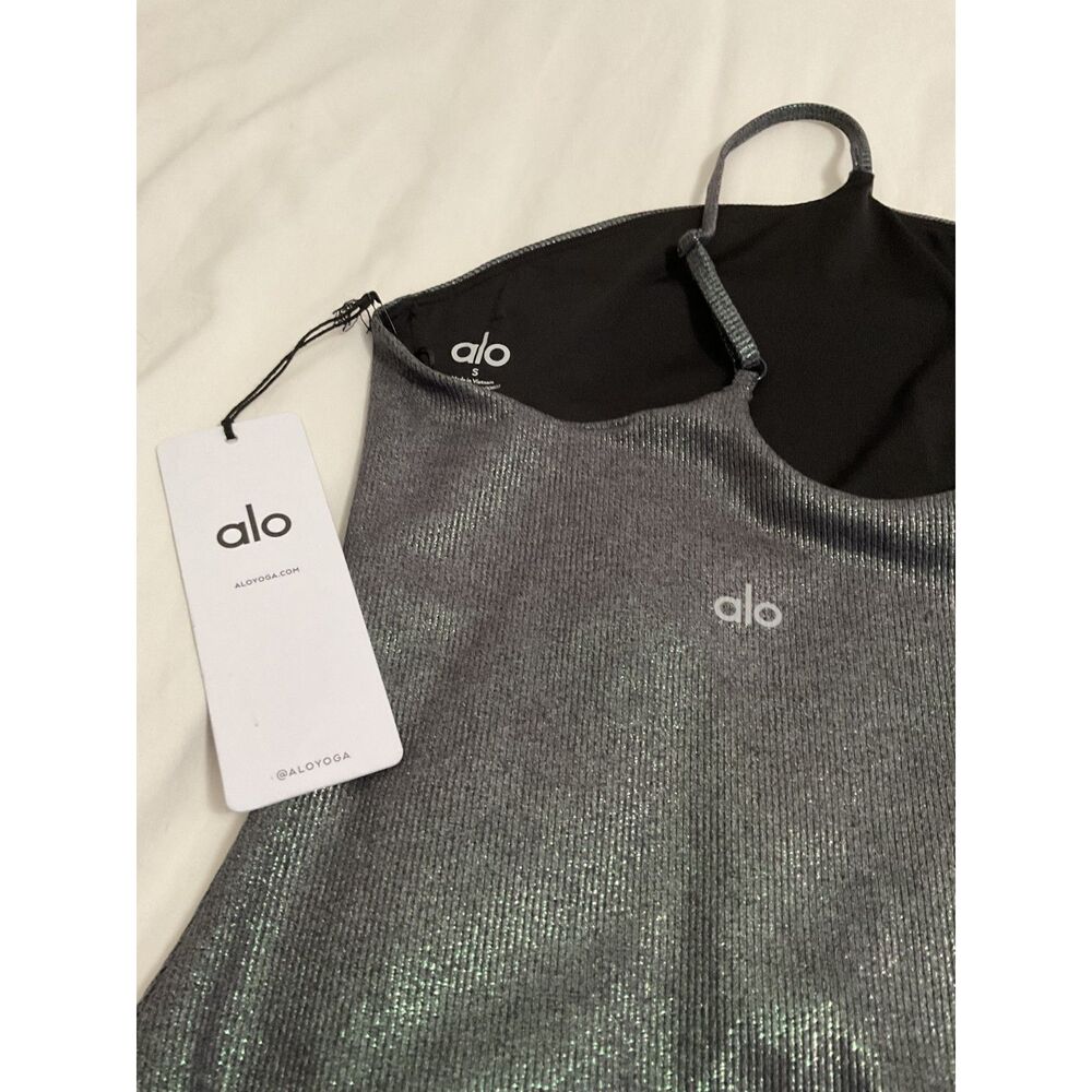 Alo Yoga Alosoft Ribbed Shimmer Bodysuit Dark Grey Iridescent Size S NWT - Picture 7 of 8